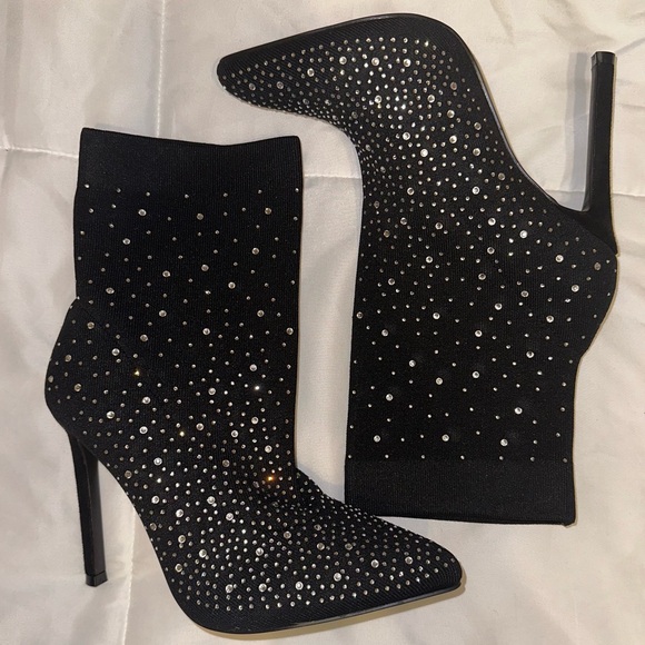 Never Worn SHEIN Rhinestone Decor Point Toe Stiletto Black Boots - Picture 5 of 6